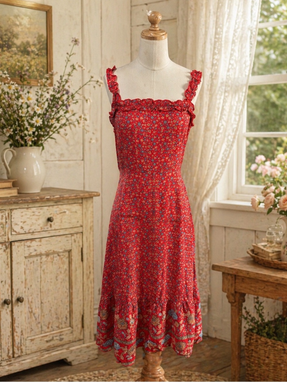 Aakaa Red Floral Midi Dress Size M | Boho Ruffle Strap Summer Cottagecore Dress